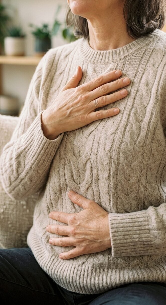 Personne prenant conscience de sa respiration avec les mains sur le thorax et l’abdomen.
