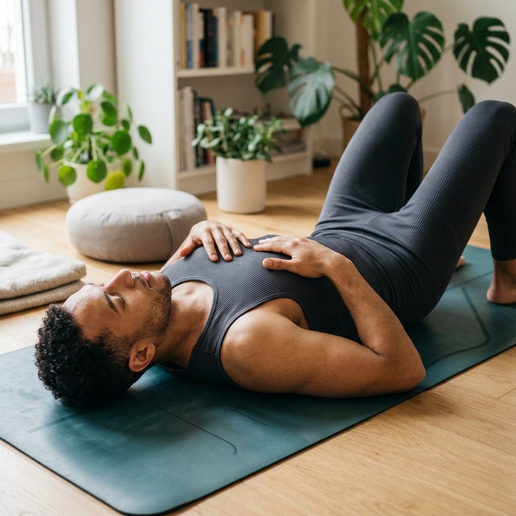 une personne allongée sur un tapis de yoga concentrée sur sa respiration