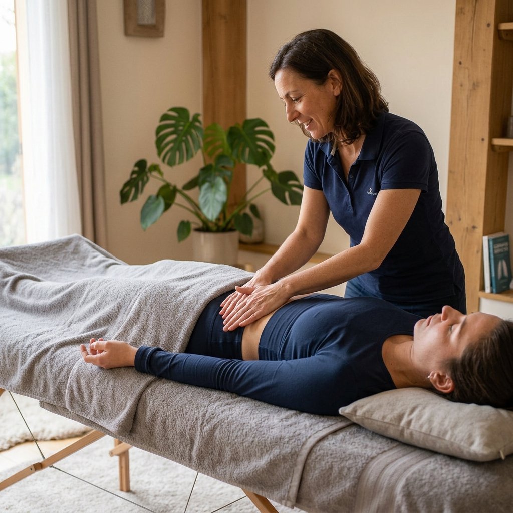 personne allongée sur une table de massage et accompagnée dans sa respiration